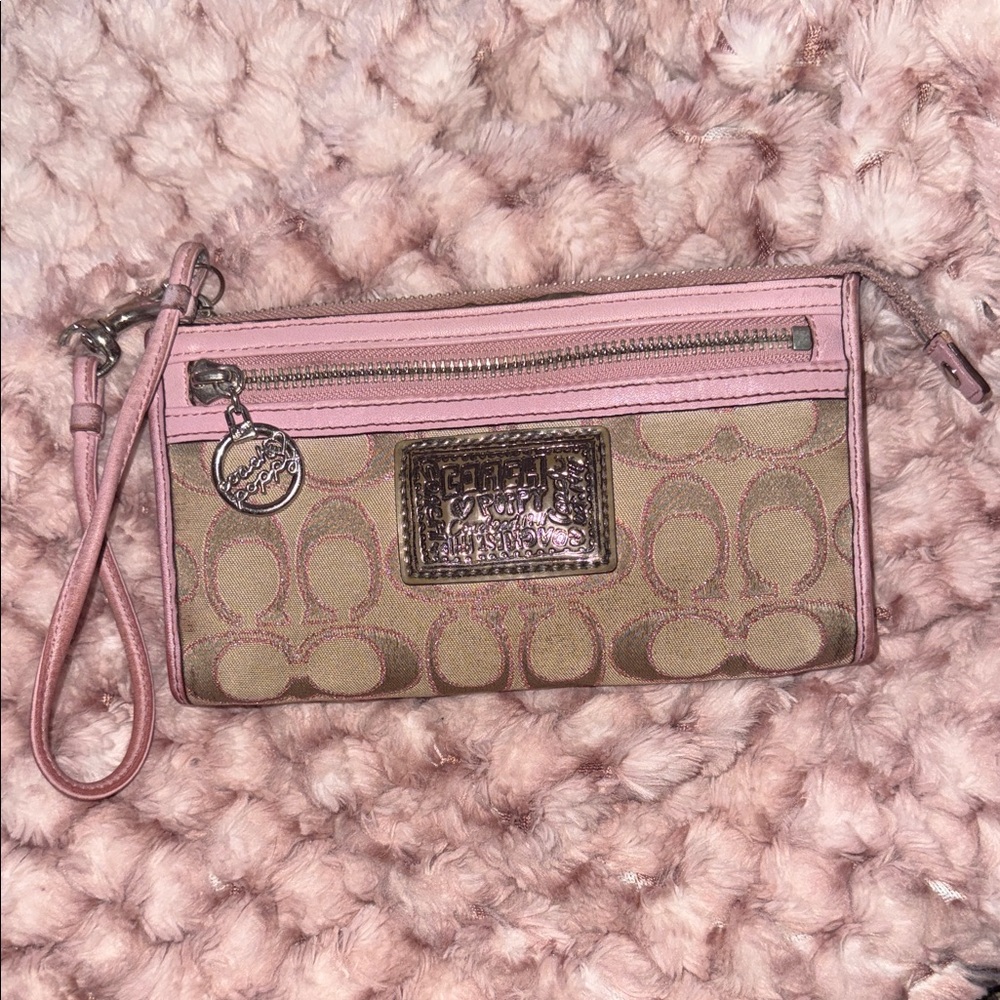 Coach Poppy Signature Pink and Tan Wristlet